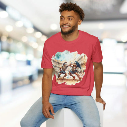 Close-up of the unisex softstyle T-shirt's fabric weave, showcasing its relaxed fit and vibrant stone-gray color from a