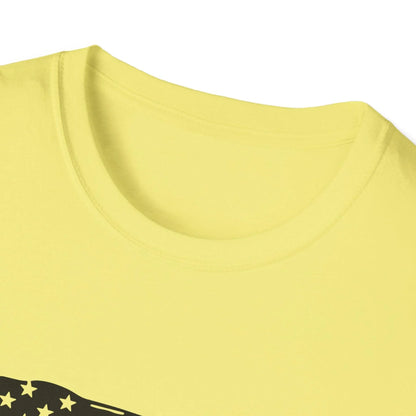 Close-up of black distressed flag heartbeat graphic on white cotton fabric highlighting textured print detail and softness