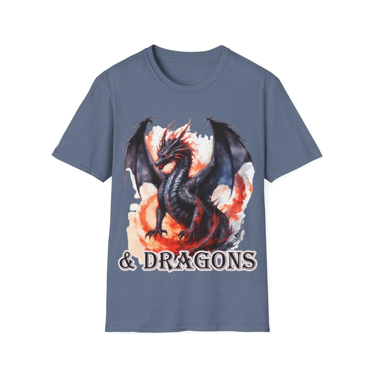 Close-up of the & Dragons unisex softstyle T-shirt fabric showing smooth, relaxed fit in deep forest green with short