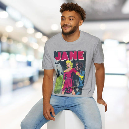 Close-up of the Jane No.33 softstyle T-shirt's collar and shoulder seam highlighting its relaxed fit and charcoal heather