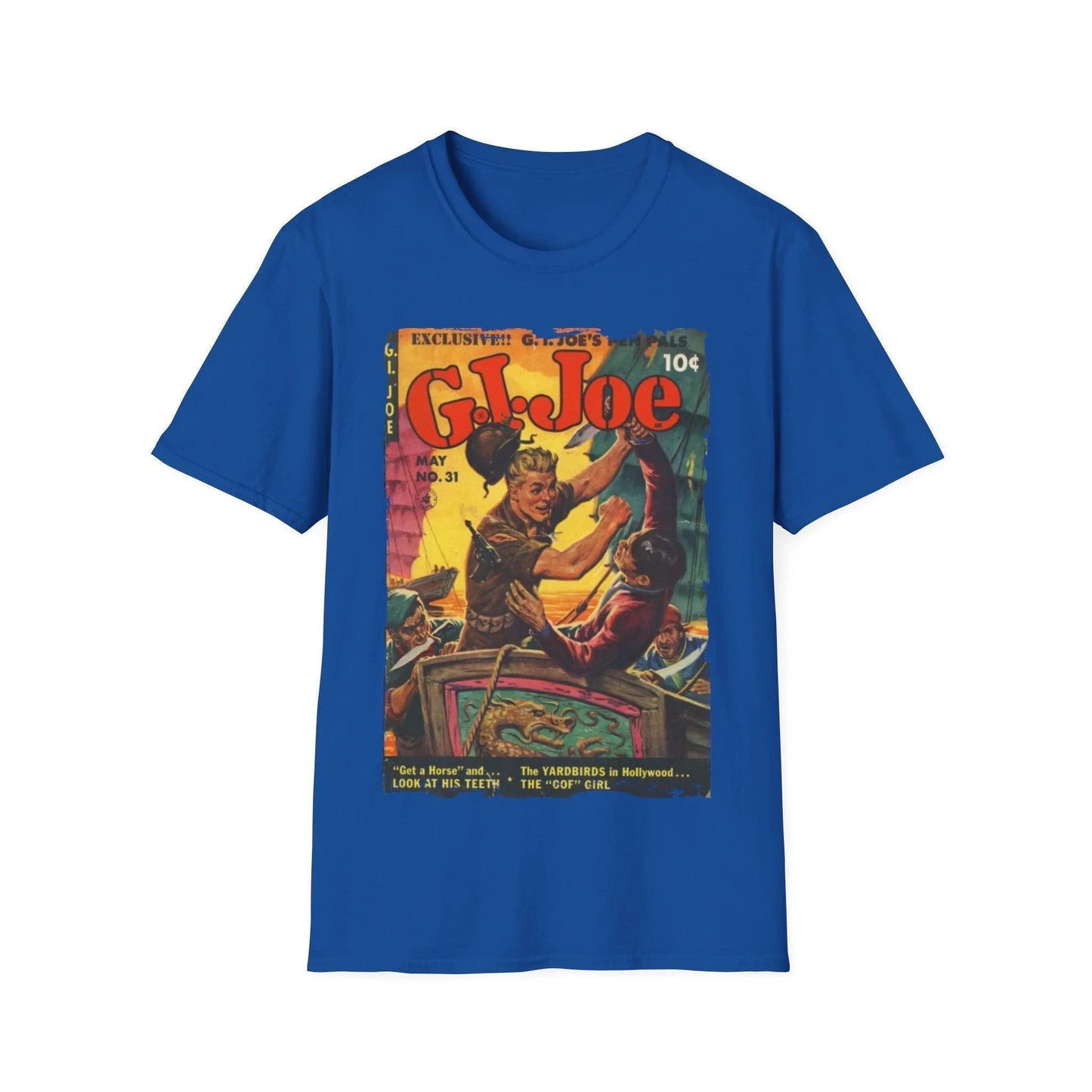 Close-up of the G.I. Joe No.31 softstyle T-shirt's front neckline with visible stitching and cotton-blend fabric texture in