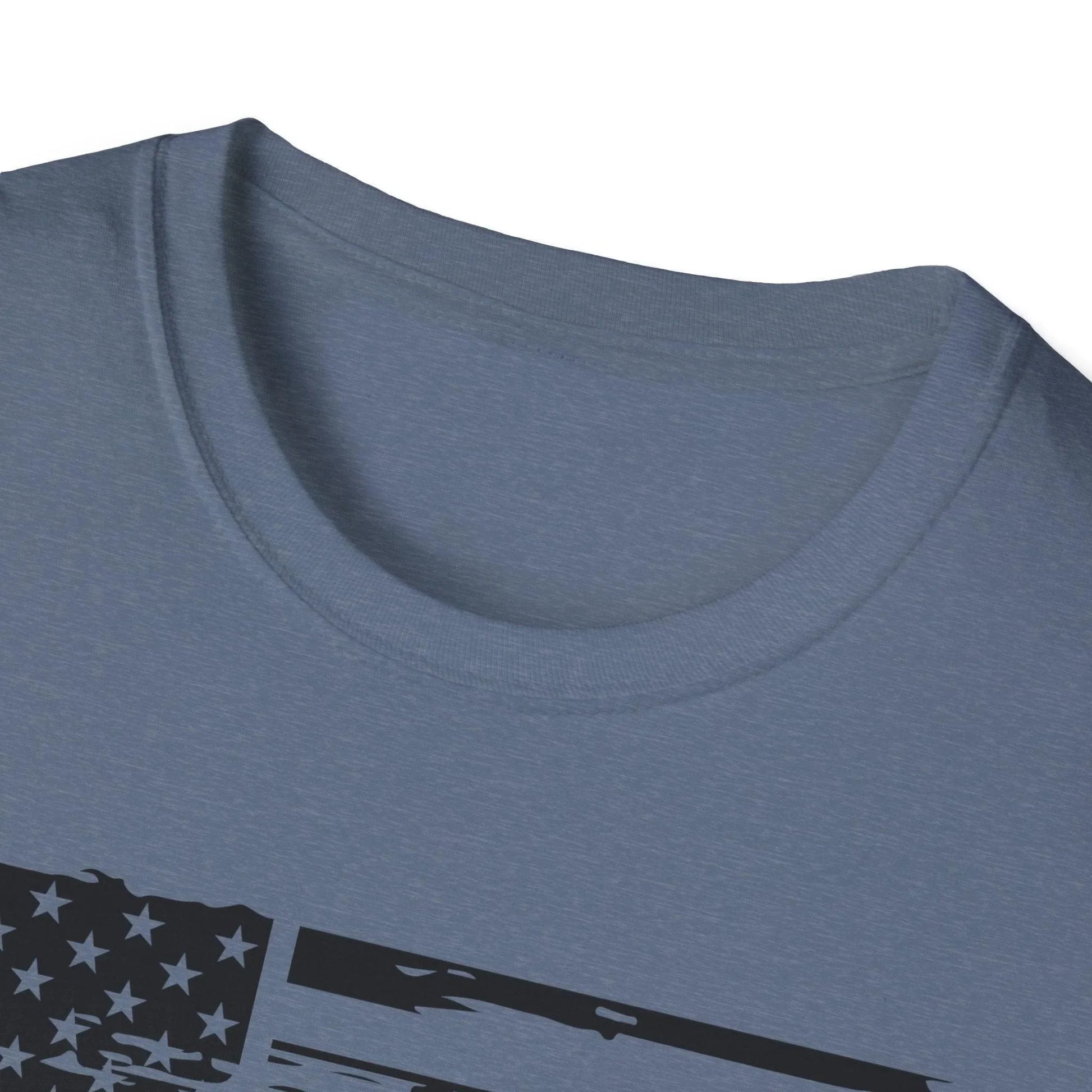 Close-up of distressed black-and-white American flag print on soft cotton fabric, showcasing the vintage, faded pattern