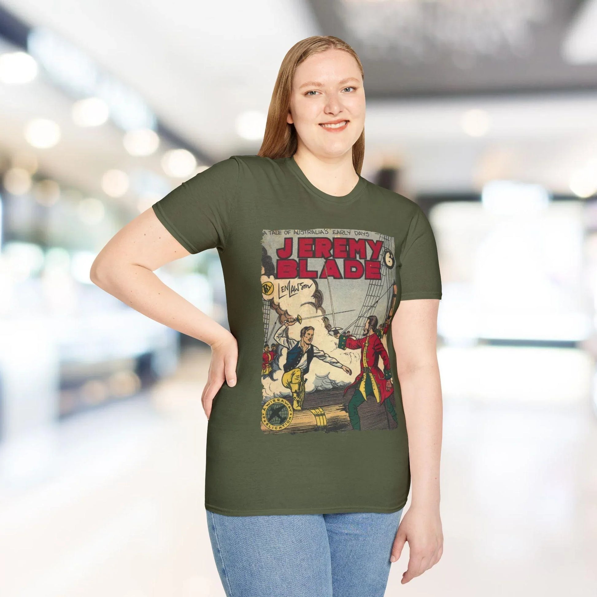 Detail shot of Jeremy Blade unisex Softstyle T-Shirt’s relaxed fit, showing soft cotton fabric texture and subtle stitching