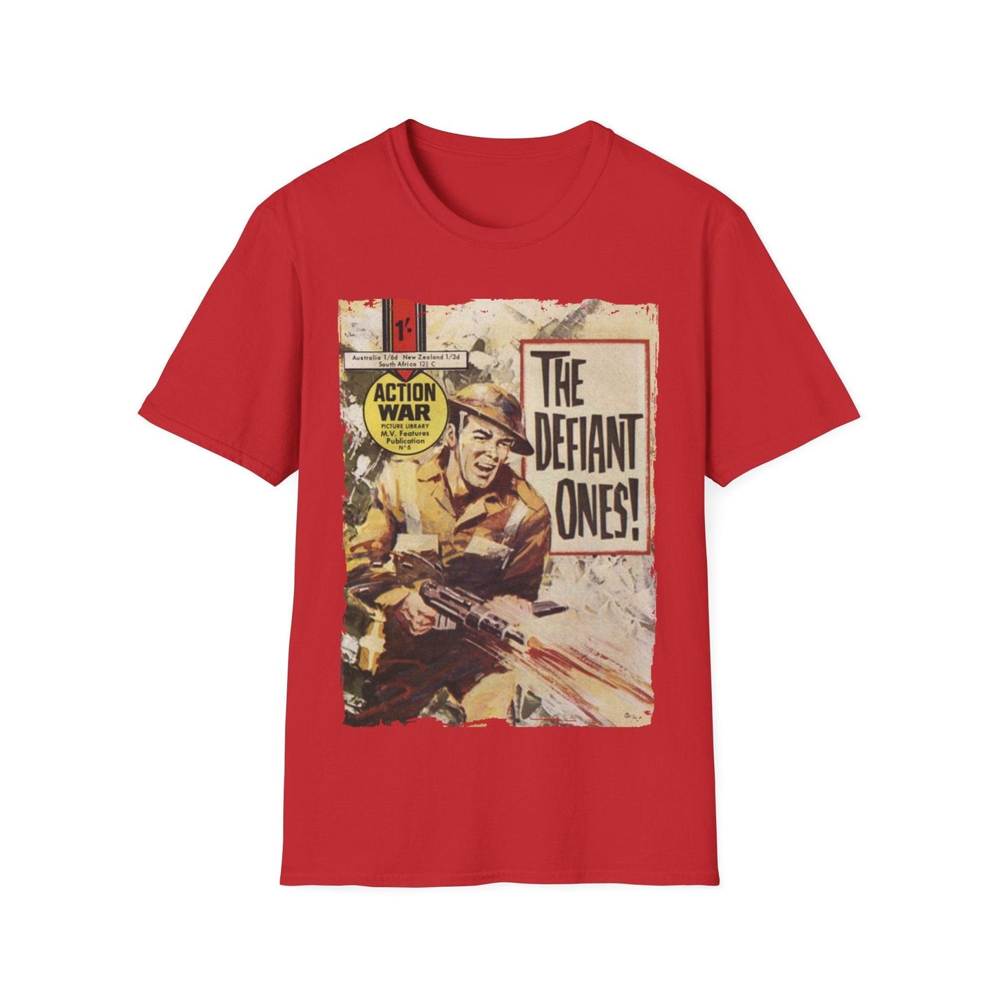 Close-up of the unisex softstyle T-shirt's fabric weave and reinforced crew neckline in vibrant blue color