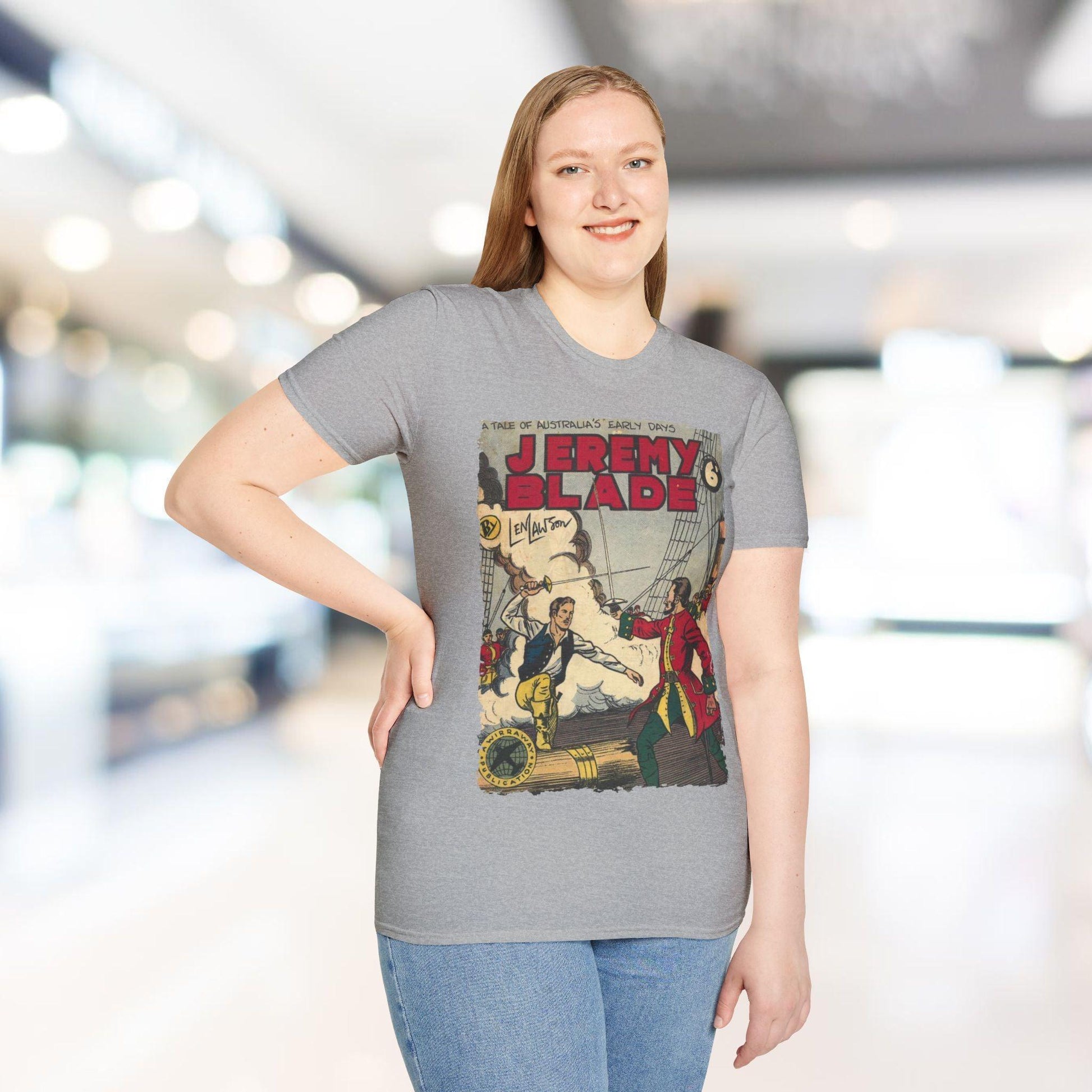 Close-up of the Jeremy Blade unisex softstyle T-shirt's inside neckline showing reinforced stitching and smooth fabric