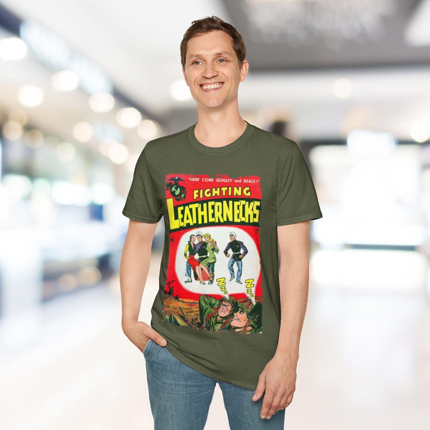 Close-up of Fighting Leathernecks #4 T-shirt fabric showing soft cotton blend texture and vibrant navy color from a front