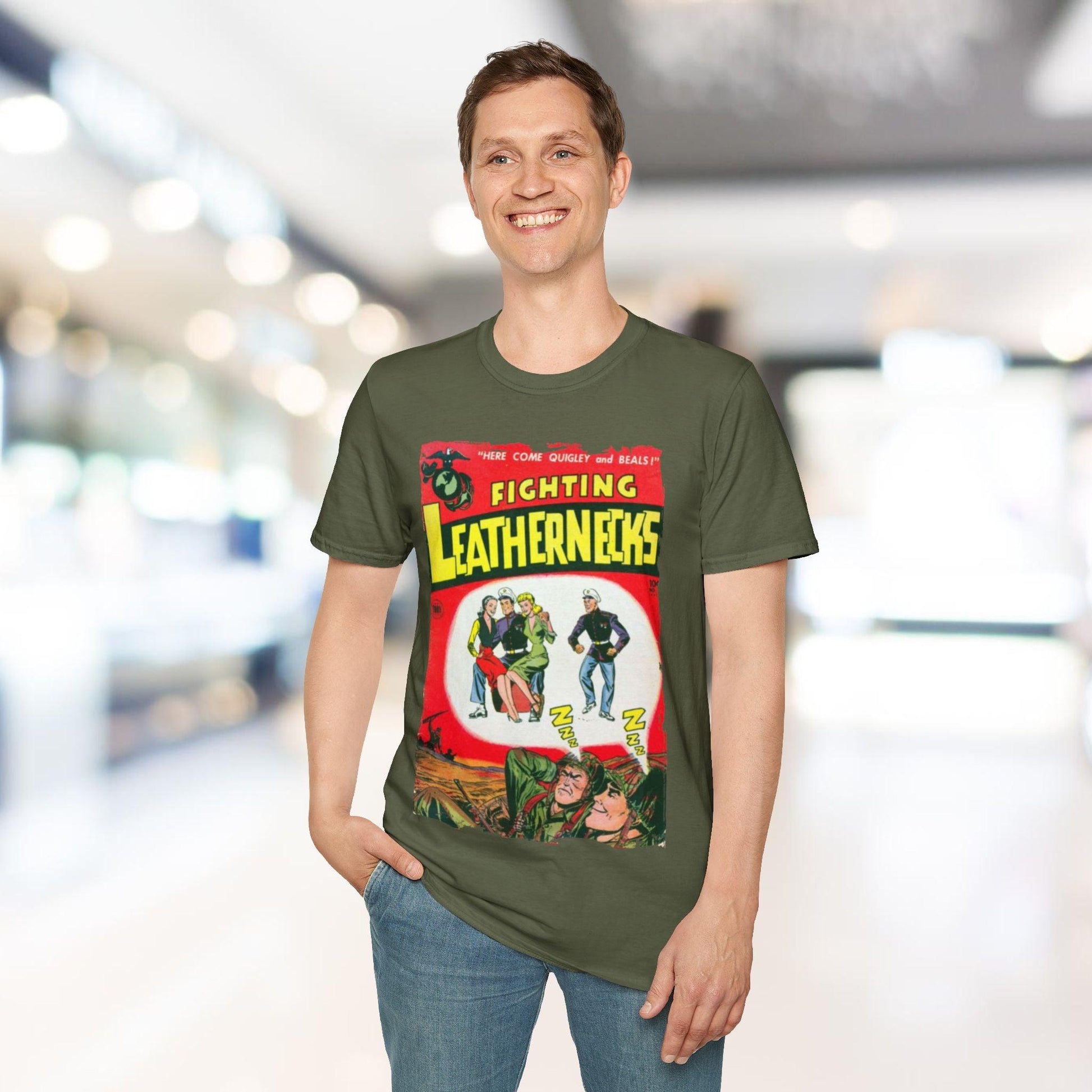 Close-up of Fighting Leathernecks #4 T-shirt fabric showing soft cotton blend texture and vibrant navy color from a front