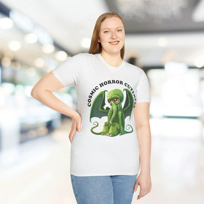Close-up of the Cosmic Horror Cuteness T-Shirt’s front neckline featuring soft, heathered fabric and reinforced stitching
