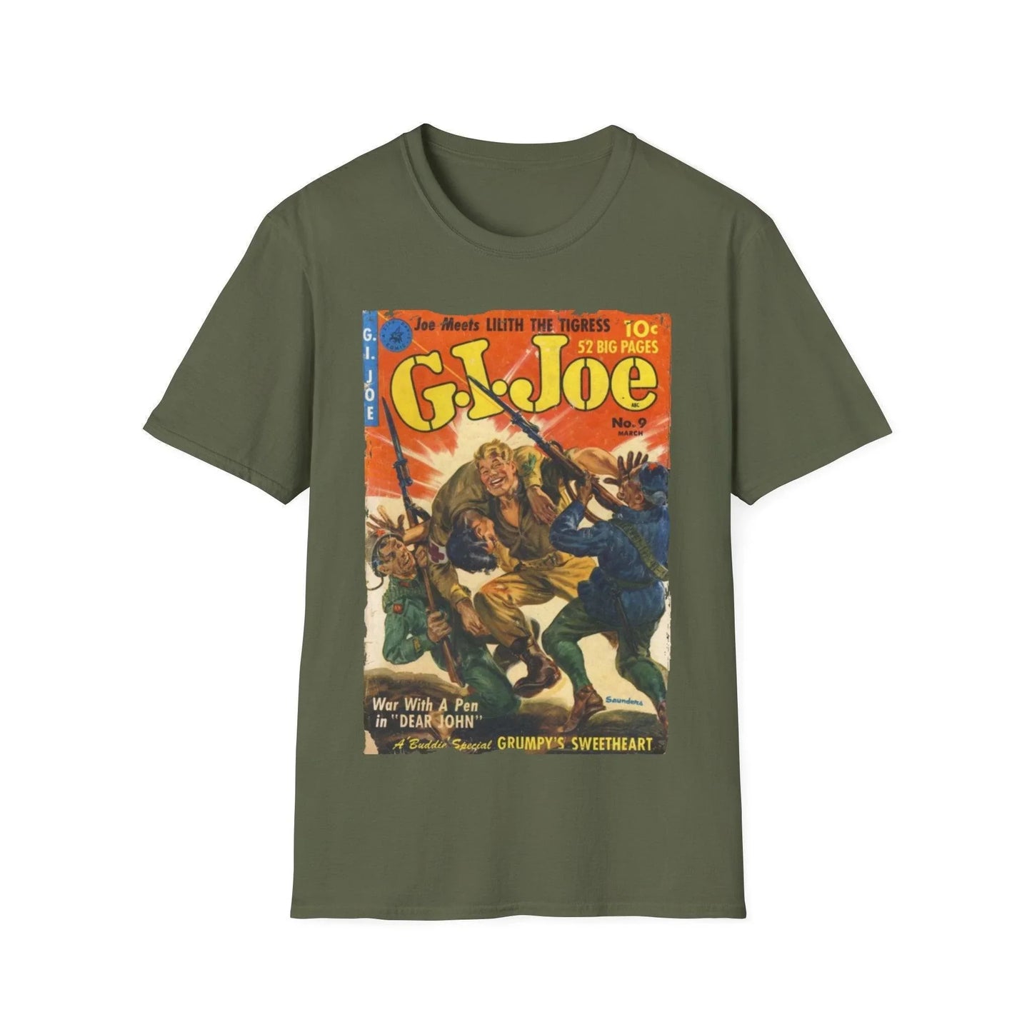 Close-up of the G.I. Joe No.9 softstyle T-shirt's stitched neckline and smooth cotton fabric in vibrant navy color from a