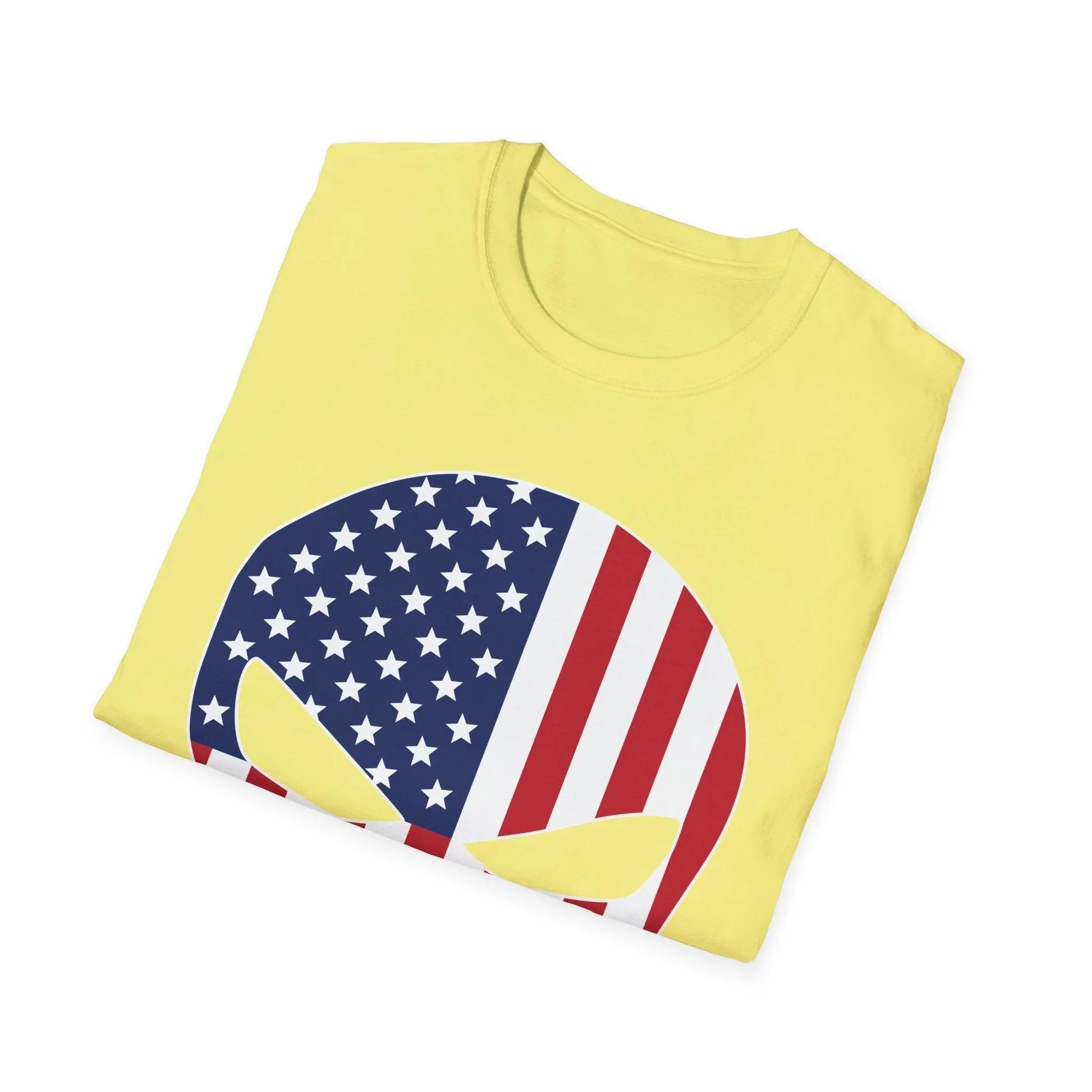 Close-up of the American Skull Flag graphic on the chest area, showcasing vibrant red, white, and blue colors on soft