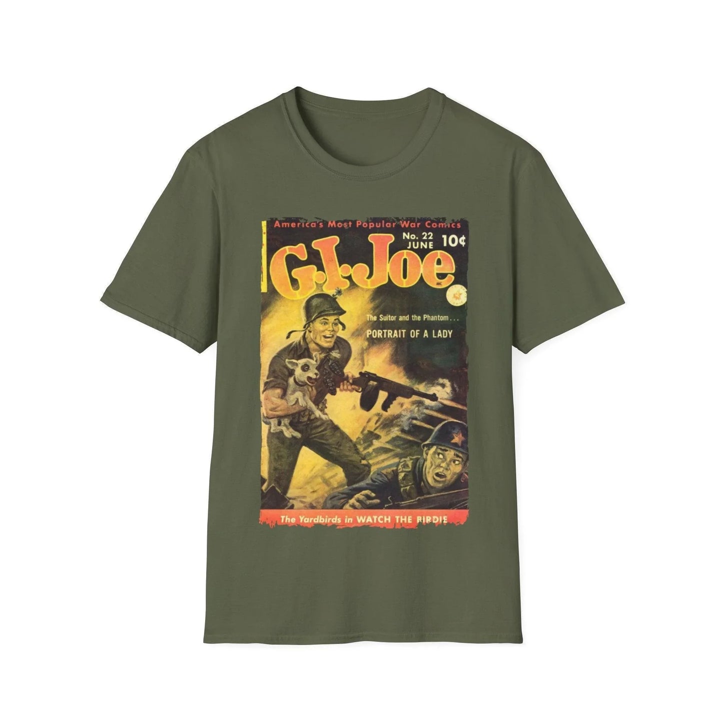 Close-up of the G.I. Joe No.22 logo printed on the chest of the unisex softstyle T-shirt in heather gray, highlighting