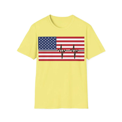 Close-up of the American Flag Heartbeat design on soft cotton fabric, showcasing vibrant colors and detailed heartbeat