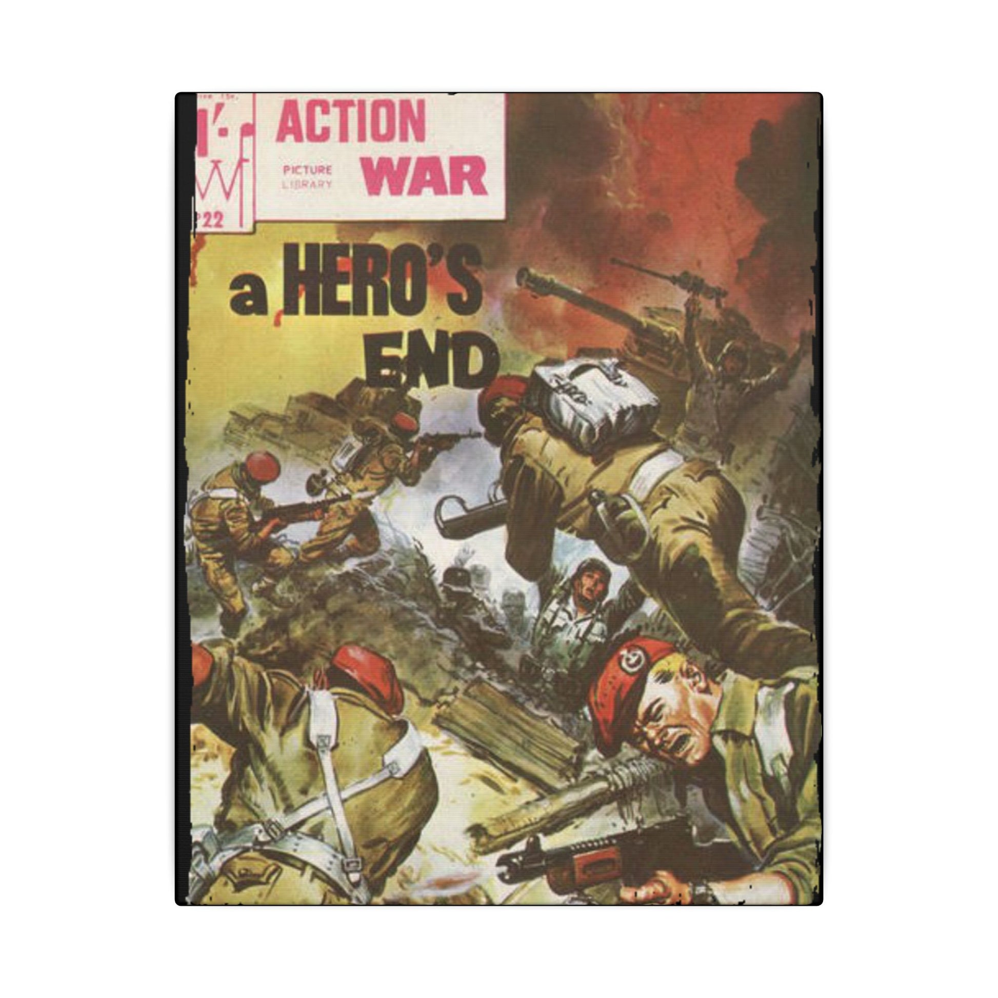 Close-up of the textured canvas surface highlighting the vibrant "Action War #22" comic book print with bold colors and