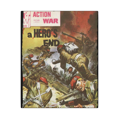 Close-up of the textured canvas surface highlighting the vibrant "Action War #22" comic book print with bold colors and