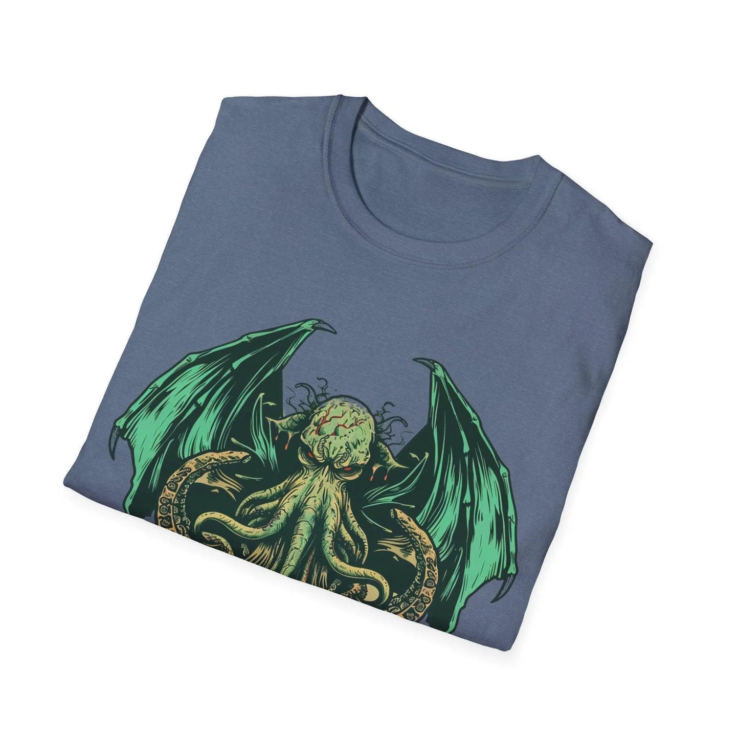 Close-up of the Cthulhu graphic on the chest area, highlighting intricate line art on the relaxed fit soft cotton jersey