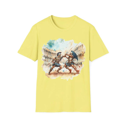 Close-up of the unisex fit label sewn onto the black cotton fabric showing the "Ancient Gladiators" branding detail.