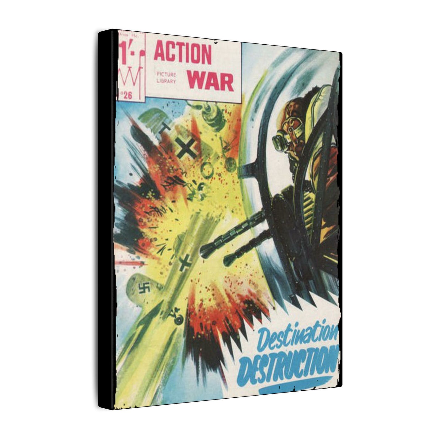 Close-up of the textured canvas material highlighting vibrant colors and fine brushstroke details of Action War #26 comic