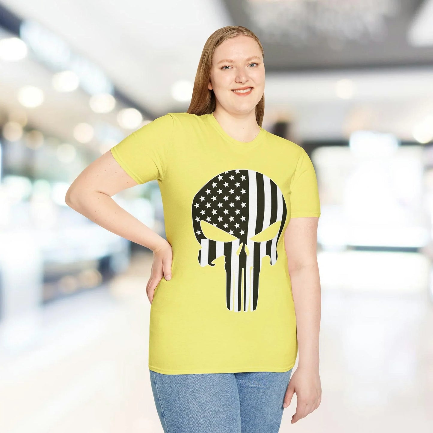 Close-up of American Skull Flag B&W T-shirt fabric highlighting the soft, heathered black cotton material and subtle texture