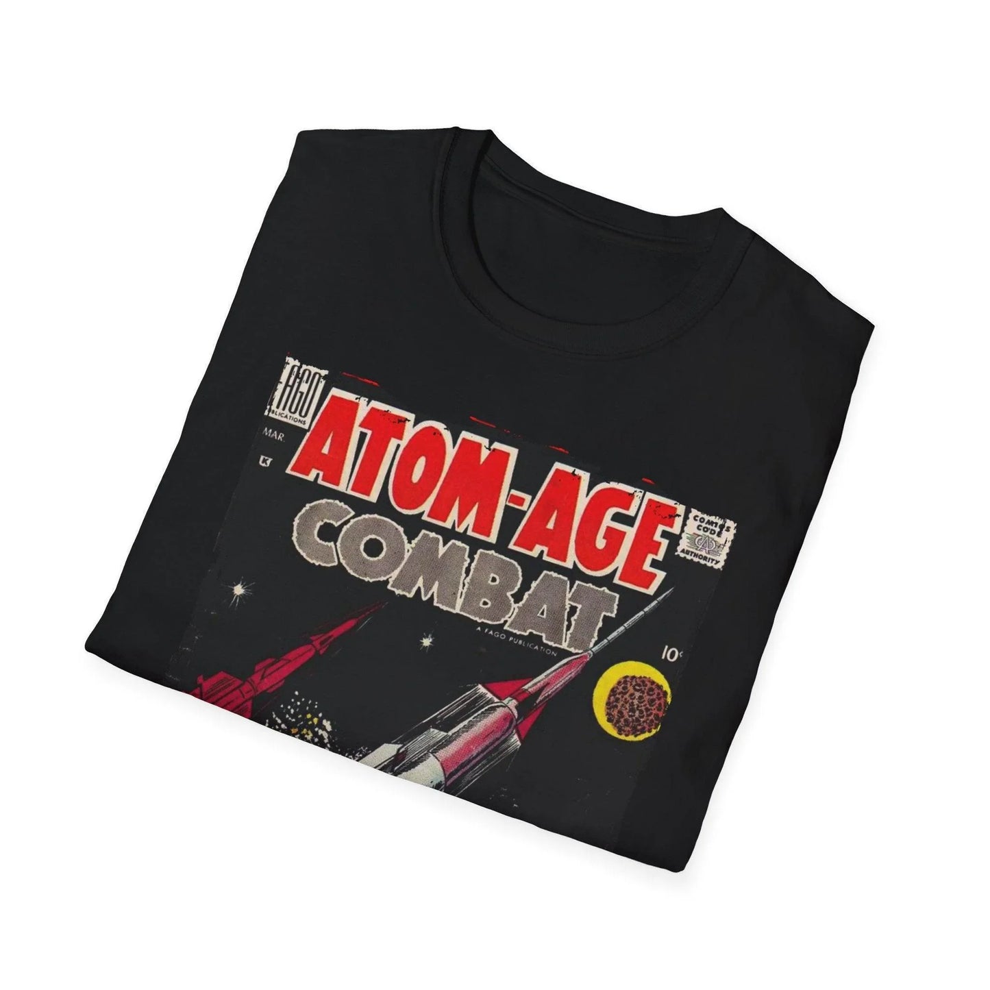 Close-up of the Atom-Age Combat No.3 unisex softstyle T-shirt’s vibrant graphic print on fabric, highlighting detailed