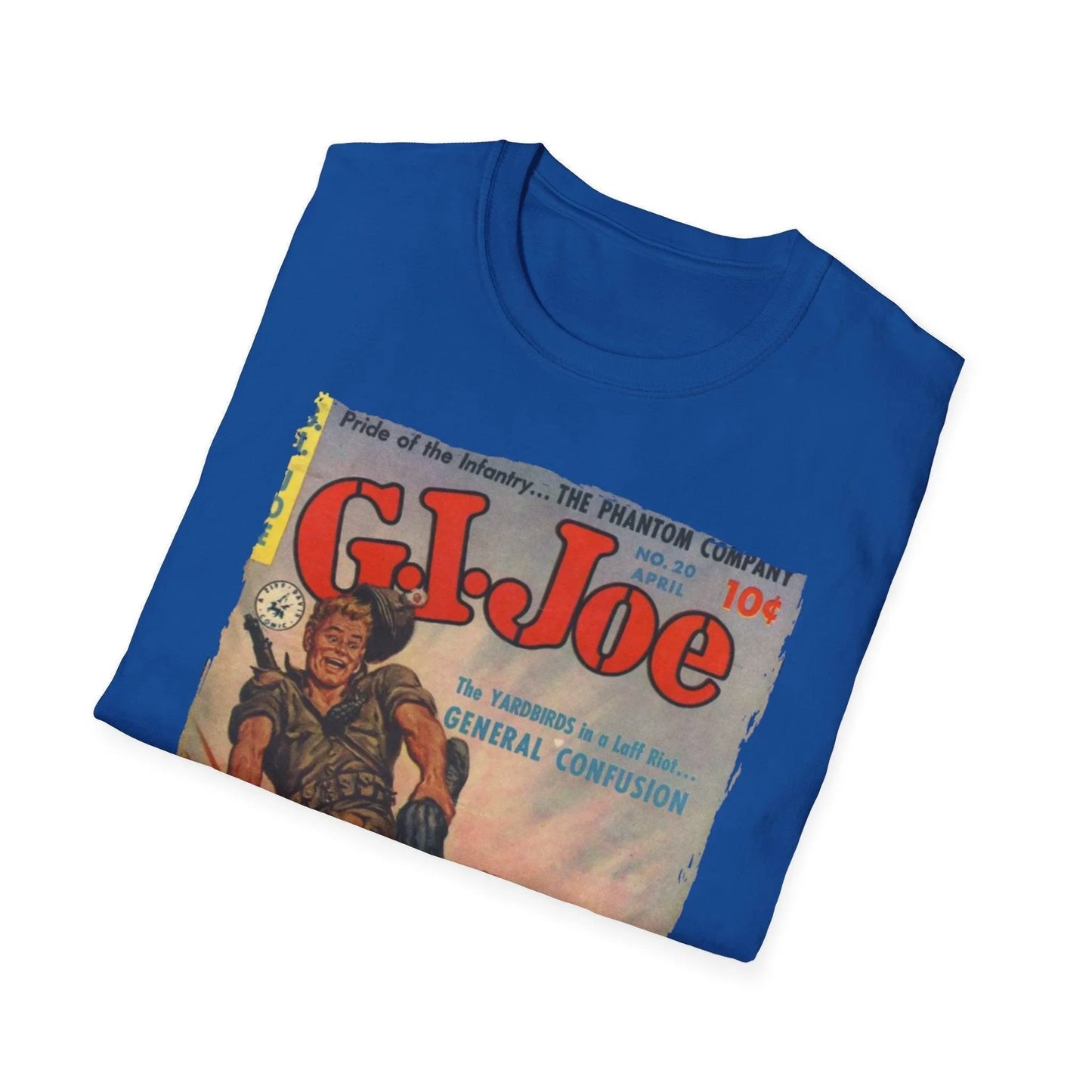 Close-up of the G.I. Joe No.20 unisex softstyle T-shirt's neck tag on relaxed fit, showing fabric weave and brand label