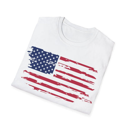 Close-up of the distressed American flag pattern on the soft fabric of the unisex T-shirt’s front neckline area
