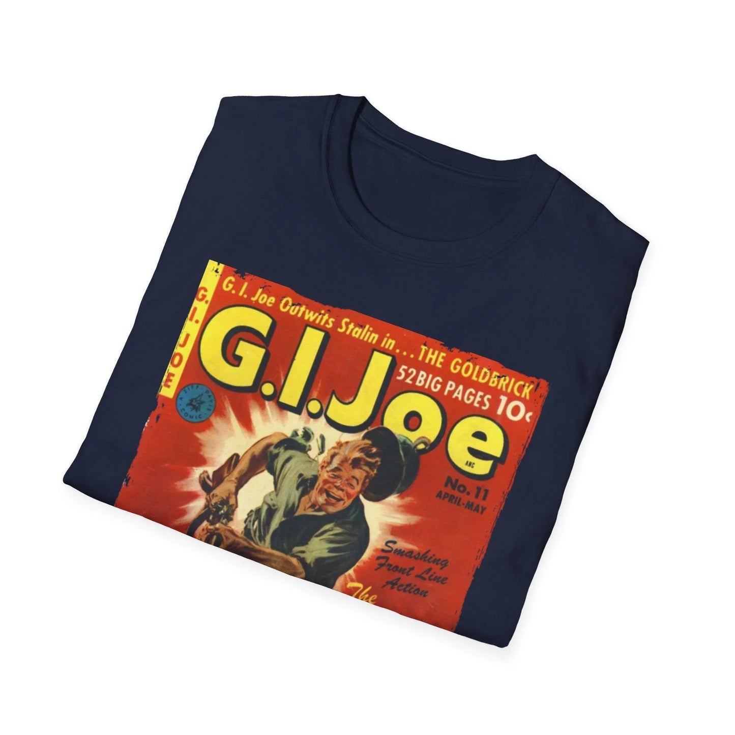 Close-up of the G.I. Joe No.11 Apr softstyle T-shirt’s relaxed fit and vibrant green color, highlighting its smooth cotton