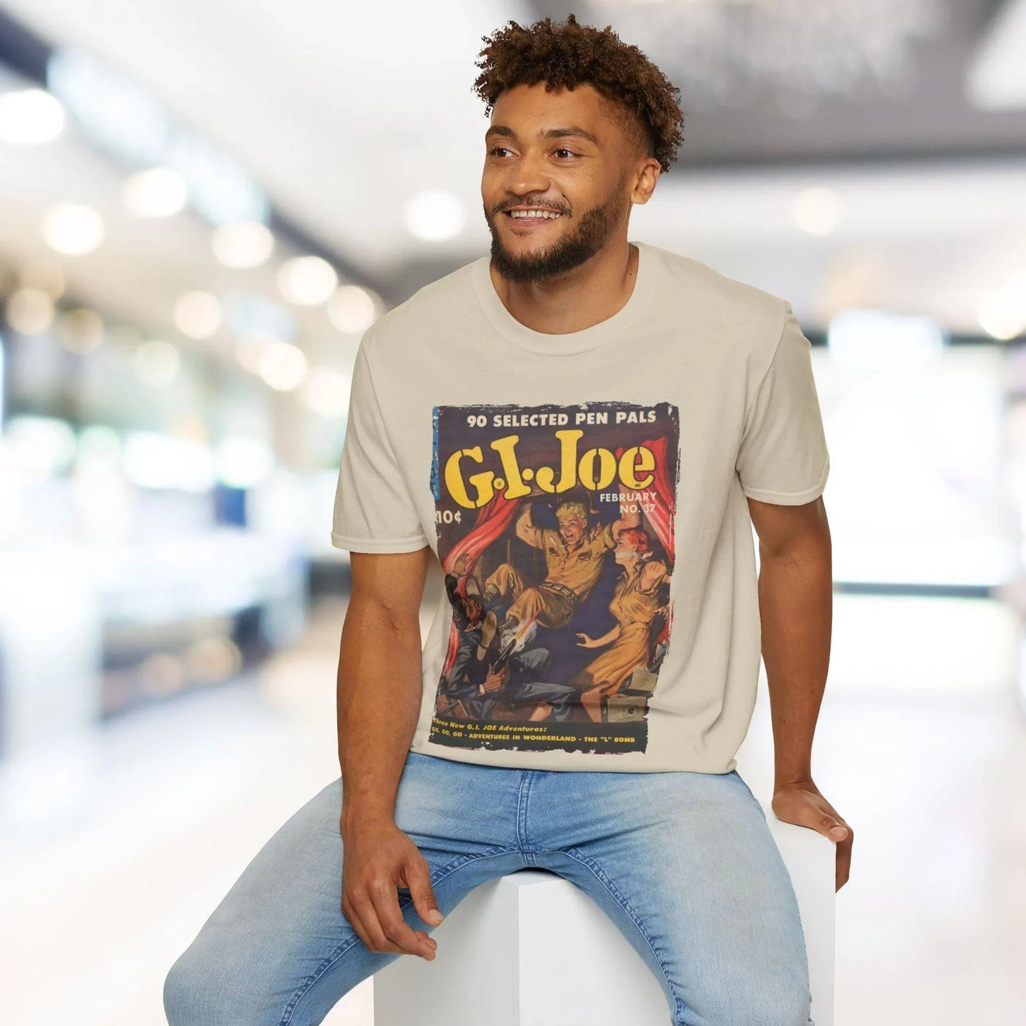 Close-up of the G.I. Joe No.37 unisex softstyle T-shirt's relaxed fit fabric in navy blue, highlighting the smooth texture