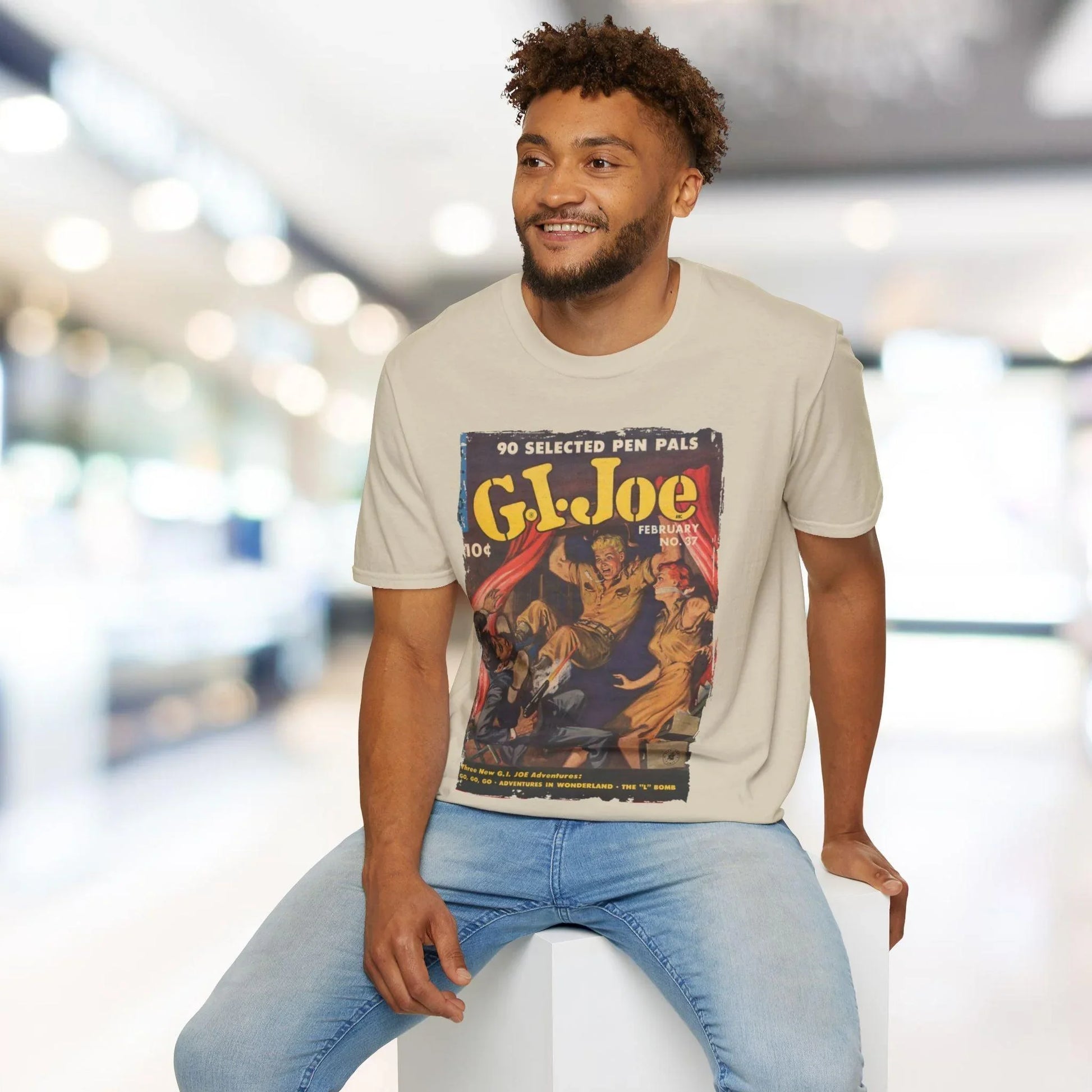 Close-up of the G.I. Joe No.37 unisex softstyle T-shirt's relaxed fit fabric in navy blue, highlighting the smooth texture