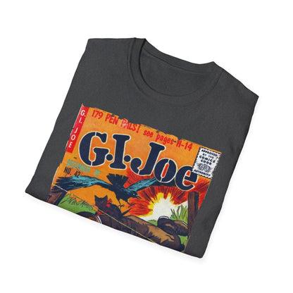 Close-up of the G.I. Joe No.42 unisex softstyle T-shirt's neckline and fabric weave showing relaxed fit and navy color detail