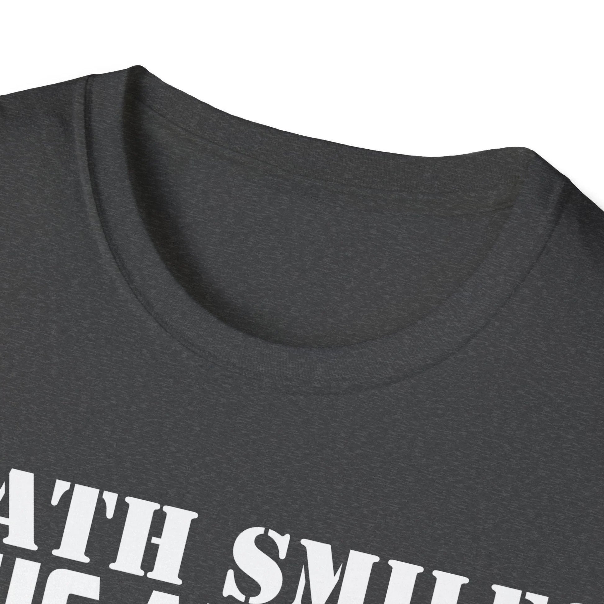 Close-up of the black crewneck collar showcasing double-stitched seams and smooth ribbing on the Death Smiles T-shirt fabric.