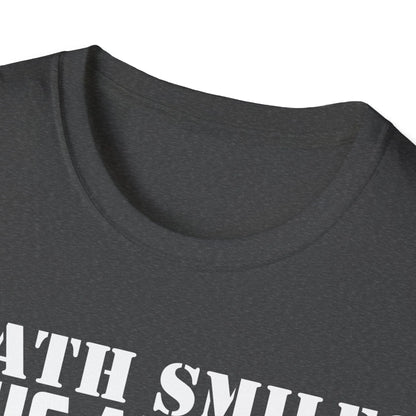 Close-up of the black crewneck collar showcasing double-stitched seams and smooth ribbing on the Death Smiles T-shirt fabric.