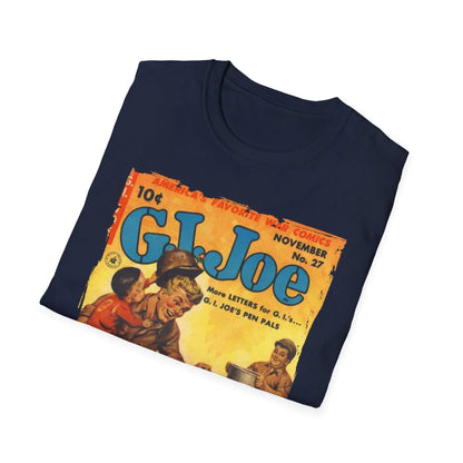 Close-up of the G.I. Joe No.27 unisex softstyle T-shirt's navy fabric showing subtle ribbed texture and reinforced neckline