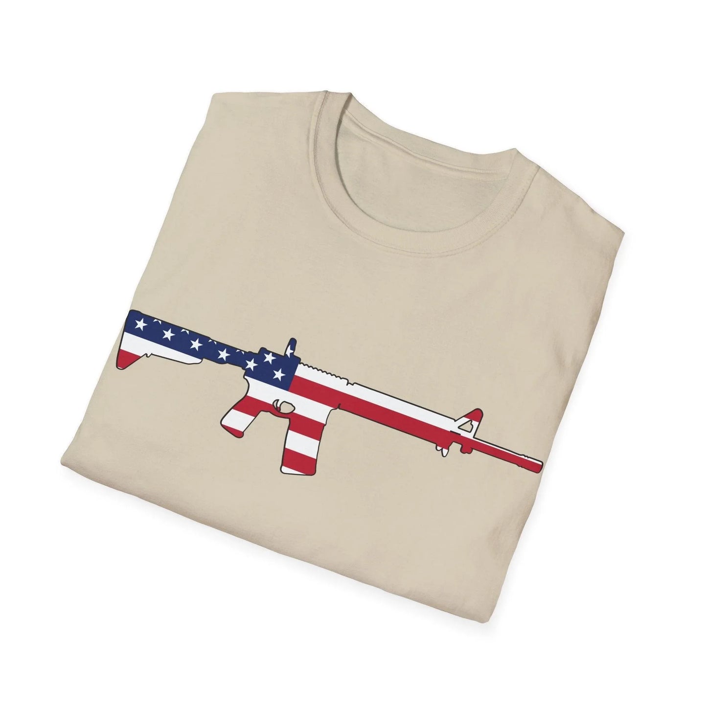 Close-up of the T-shirt’s front neckline and American flag print, highlighting the vibrant colors and smooth softstyle