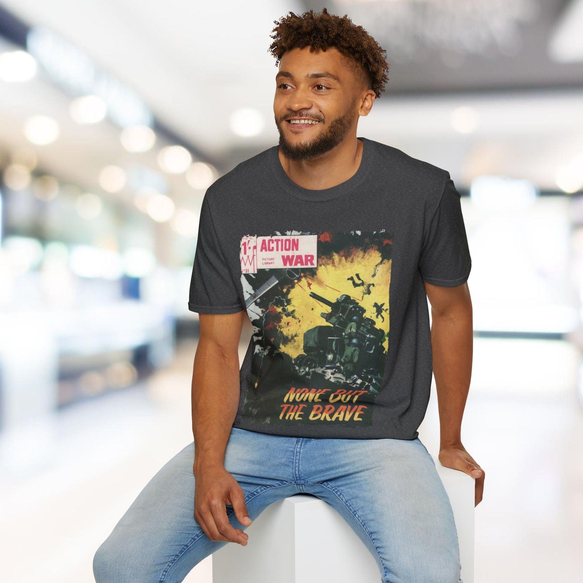 Close-up of the unisex softstyle fabric with subtle heather texture and relaxed fit collar detail from a three-quarter angle.