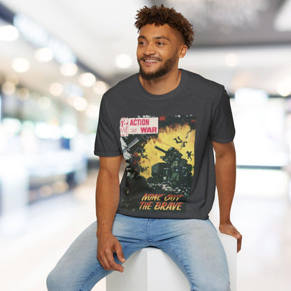 Close-up of the unisex softstyle fabric with subtle heather texture and relaxed fit collar detail from a three-quarter angle.