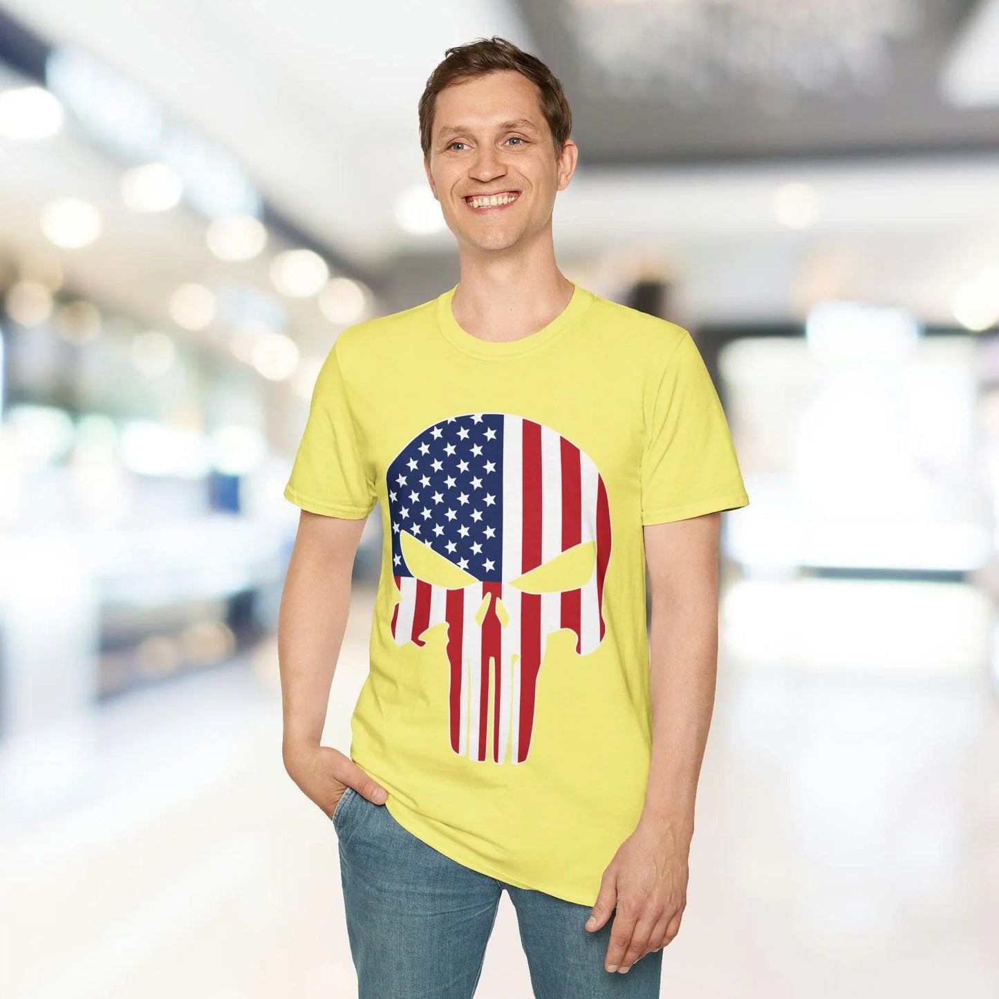 Close-up of the unisex softstyle T-shirt neckline highlighting the vibrant American Skull Flag color print and smooth fabric