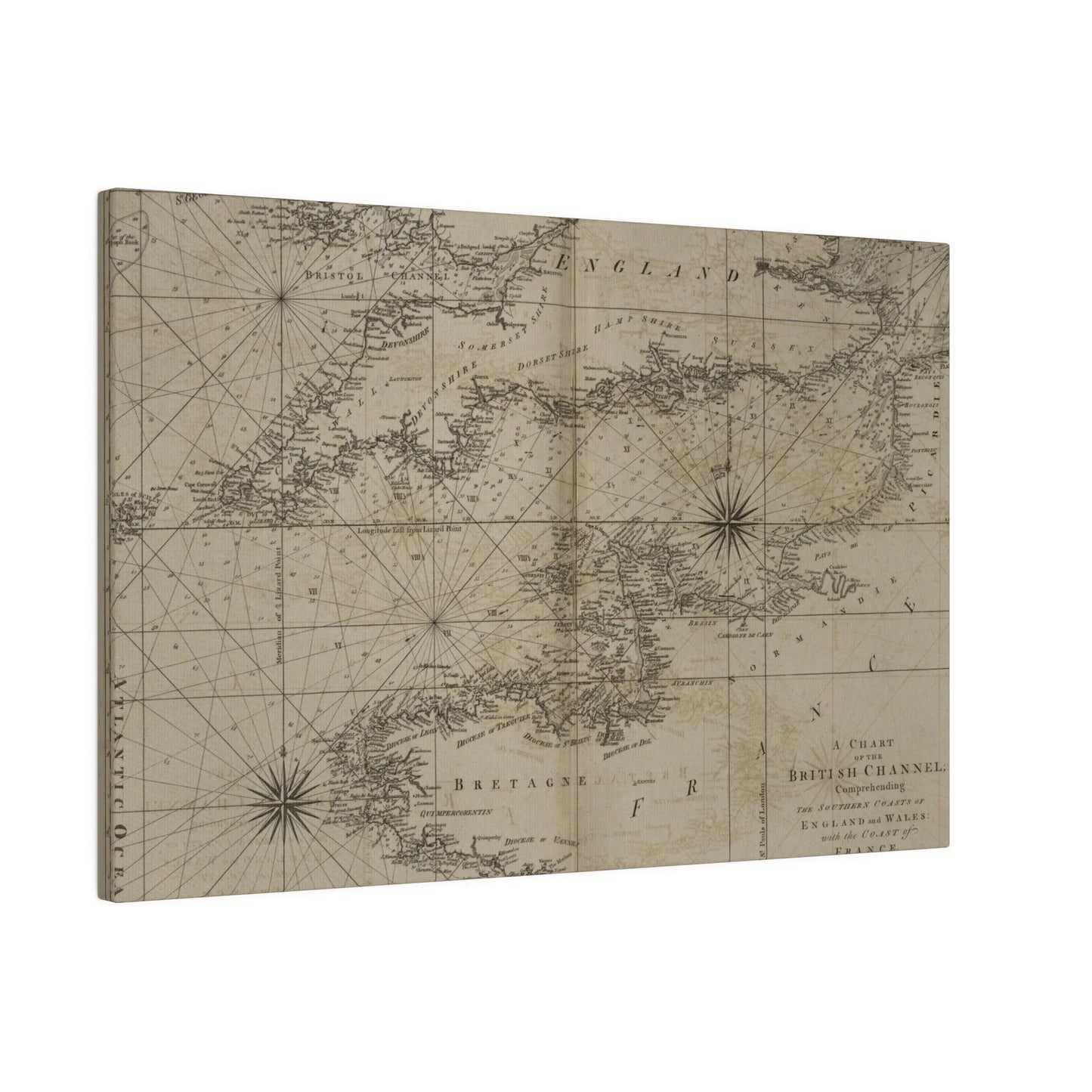 Close-up of the chart's detailed coastline lines and color shading along the British Channel, highlighting cartographic