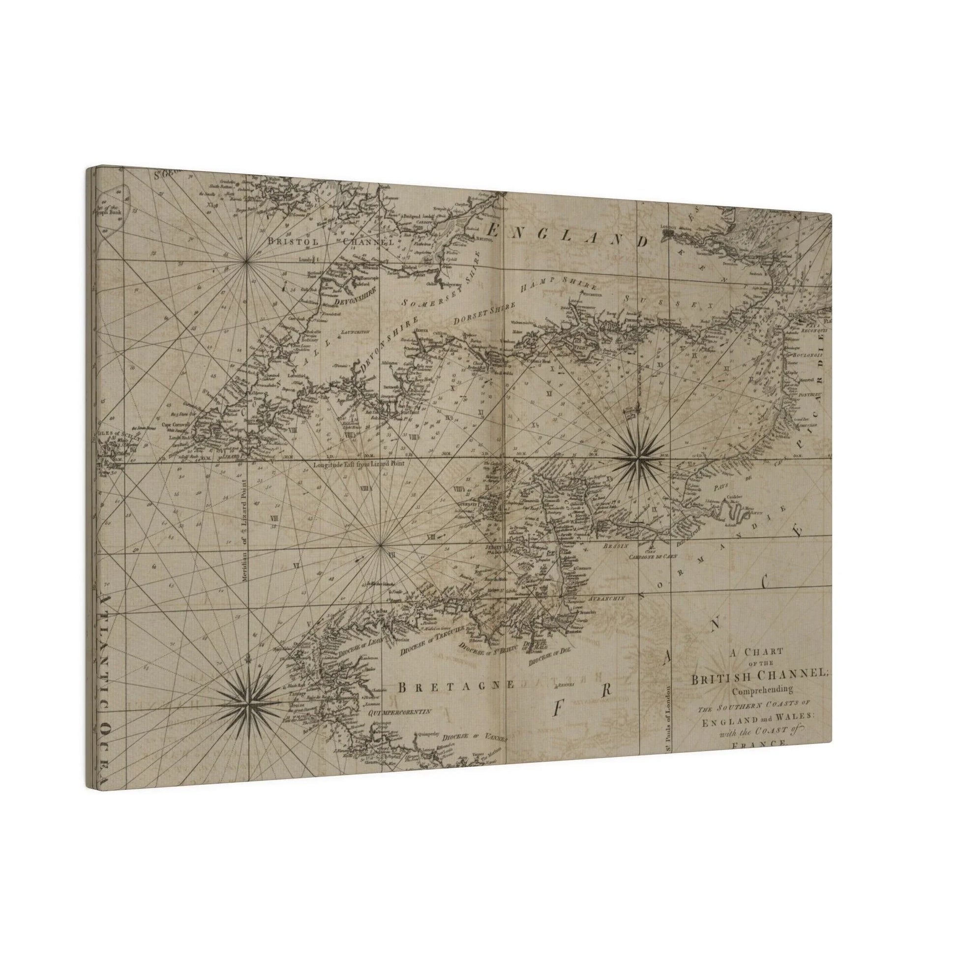 Close-up of the chart's detailed coastline lines and color shading along the British Channel, highlighting cartographic