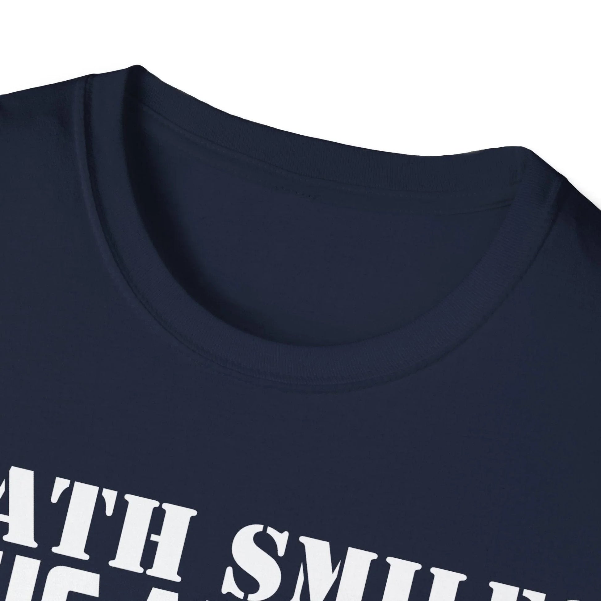 Close-up of the Death Smiles unisex softstyle T-shirt's fabric texture and vibrant black color from a front angle with