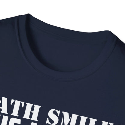 Close-up of the Death Smiles unisex softstyle T-shirt's fabric texture and vibrant black color from a front angle with