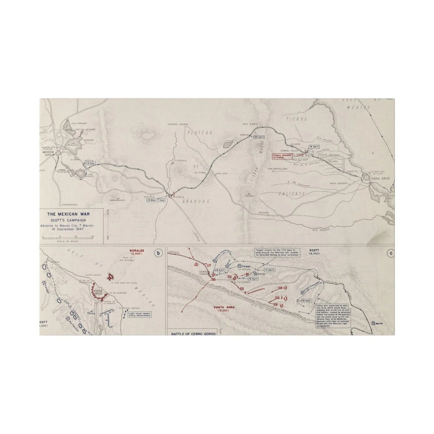 Close-up of canvas texture and detailed brushstrokes depicting Scott’s March 1847 campaign scene from the Mexican War.