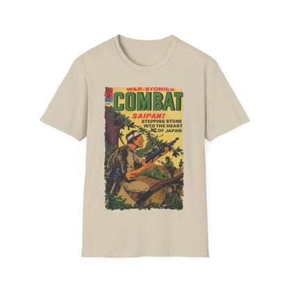 Close-up of the Combat Oct 1967 unisex softstyle T-shirt tag sewn into the collar with visible stitching and fabric texture