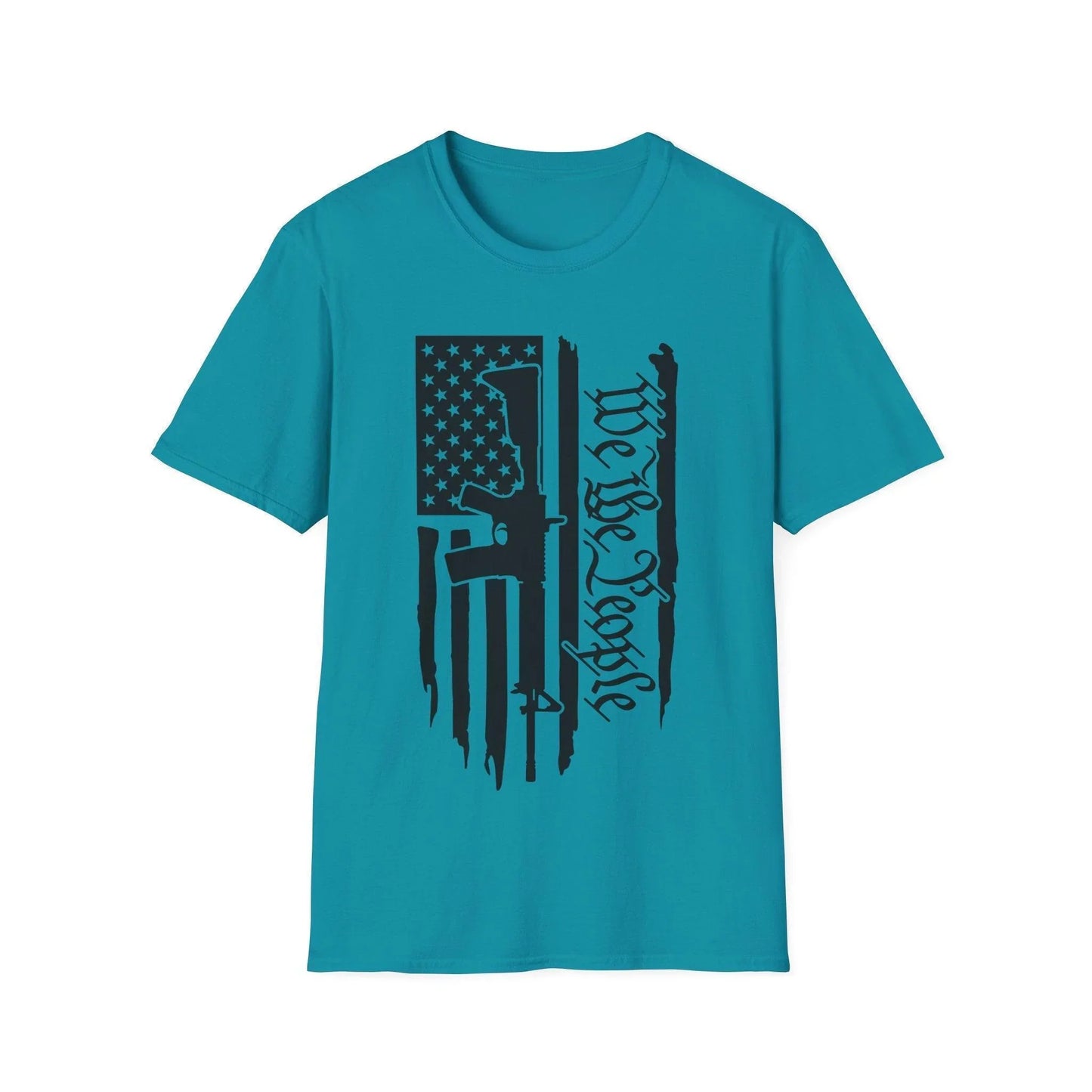 Close-up of distressed black and white American flag graphic on soft cotton fabric, highlighting vintage torn edges and bold