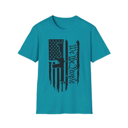 Close-up of distressed black and white American flag graphic on soft cotton fabric, highlighting vintage torn edges and bold