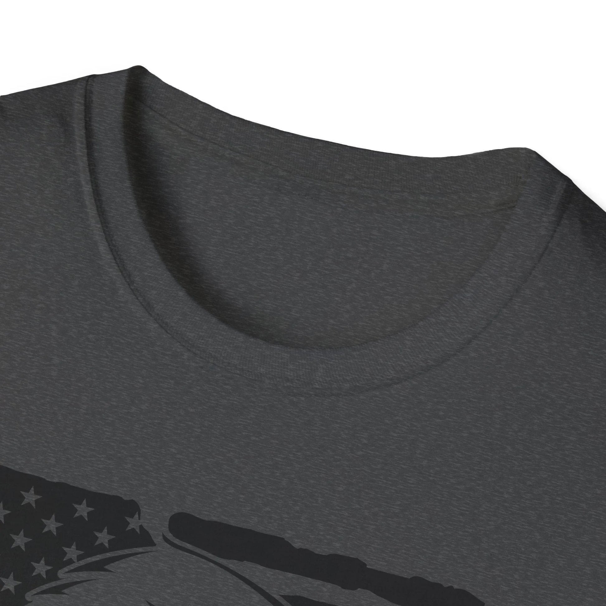 Close-up of the distressed American flag motif and eagle detail on the front chest area of the black softstyle T-shirt