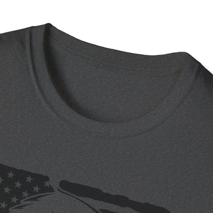 Close-up of the distressed American flag motif and eagle detail on the front chest area of the black softstyle T-shirt