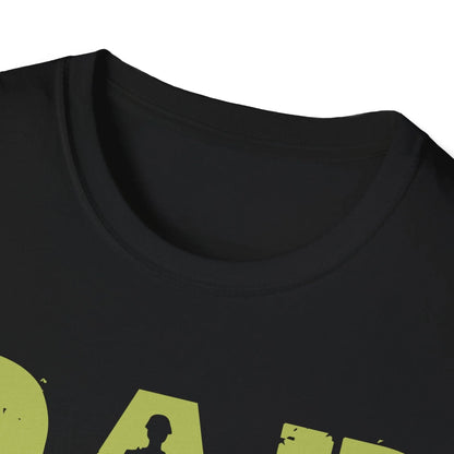 Close-up of the soft cotton fabric texture and reinforced neckline stitching on the relaxed fit navy Dad Hero Veteran Legend