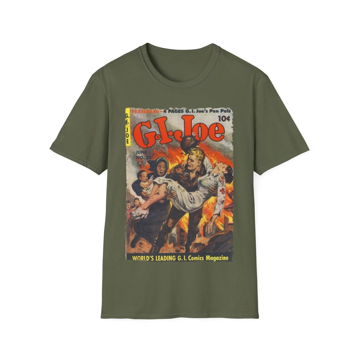 Close-up of the G.I. Joe No.32 softstyle T-shirt fabric showing lightweight cotton blend texture and relaxed fit neckline