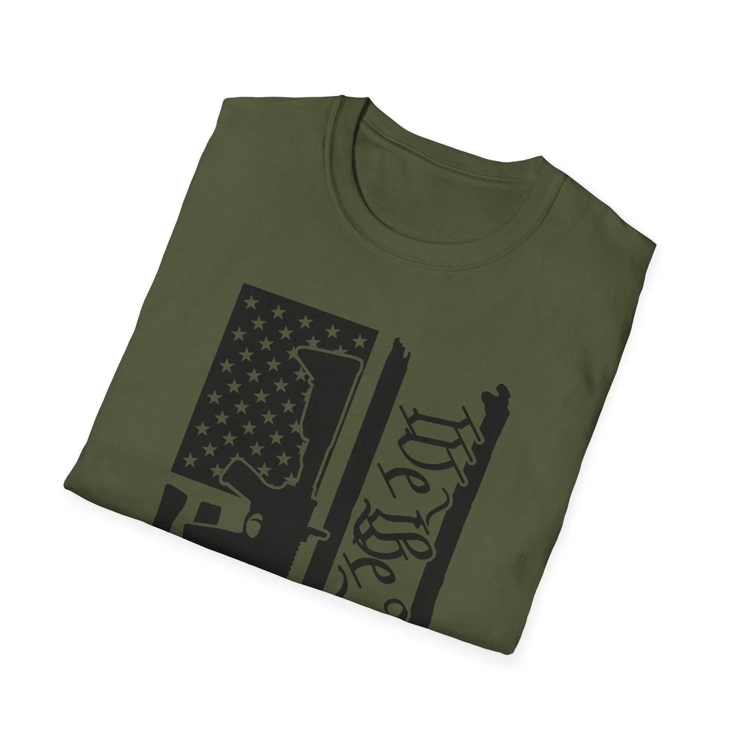 Close-up of distressed black-and-white American flag print emphasizing the textured fabric and detailed "We The People"