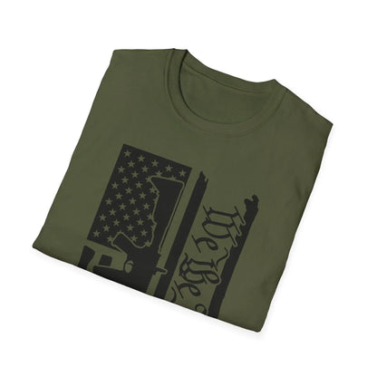 Close-up of distressed black-and-white American flag print emphasizing the textured fabric and detailed "We The People"